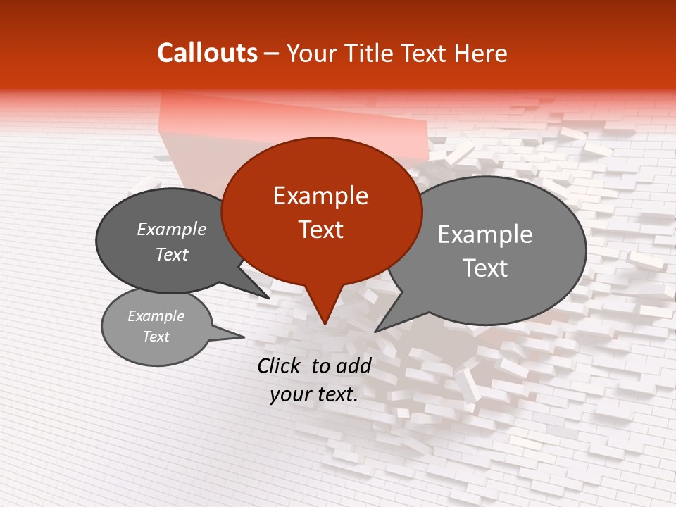 3D Illustration Of Red Arrow Breaking Through A White Brick Wall. PowerPoint Template
