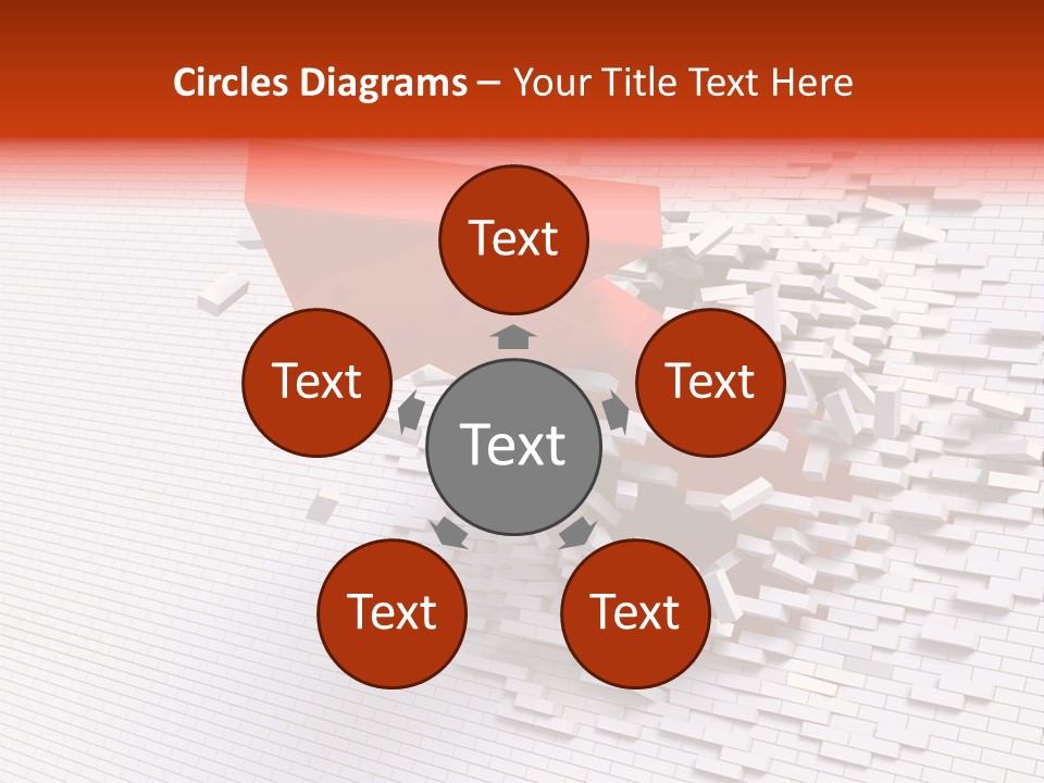 3D Illustration Of Red Arrow Breaking Through A White Brick Wall. PowerPoint Template