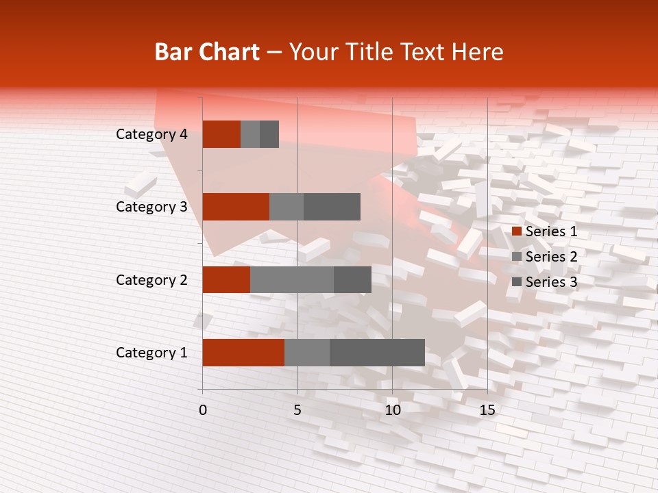 3D Illustration Of Red Arrow Breaking Through A White Brick Wall. PowerPoint Template