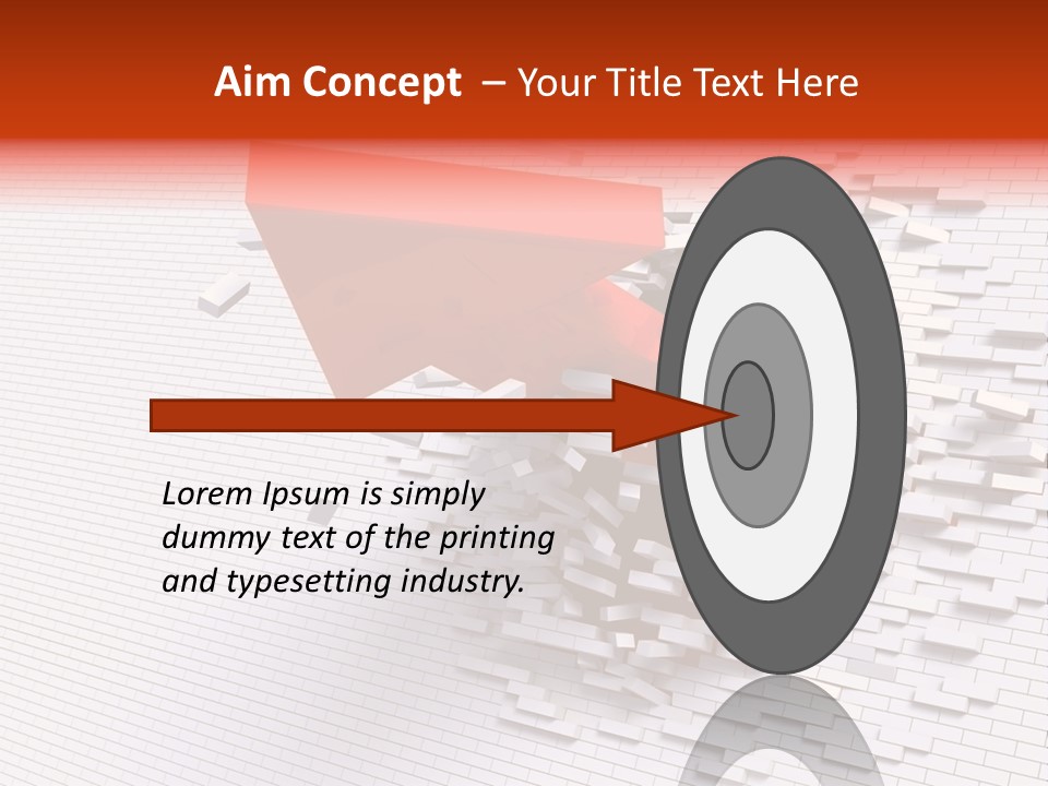 3D Illustration Of Red Arrow Breaking Through A White Brick Wall. PowerPoint Template