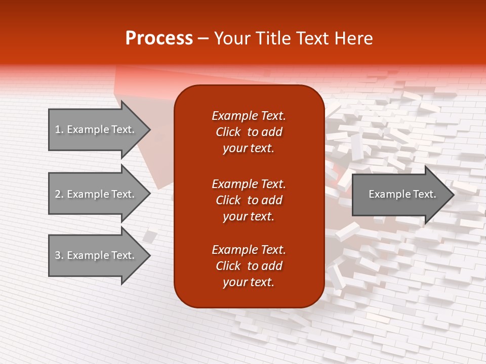3D Illustration Of Red Arrow Breaking Through A White Brick Wall. PowerPoint Template