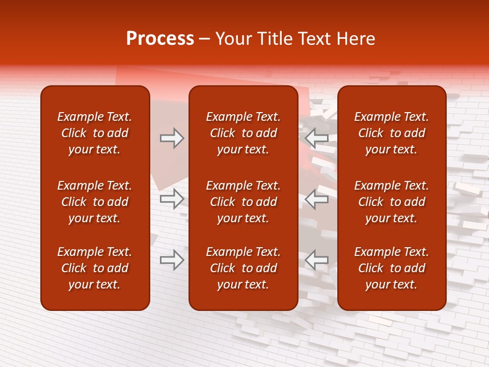 3D Illustration Of Red Arrow Breaking Through A White Brick Wall. PowerPoint Template