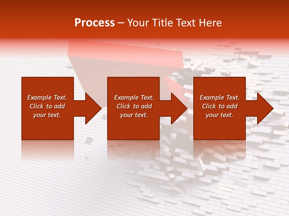 3D Illustration Of Red Arrow Breaking Through A White Brick Wall. PowerPoint Template