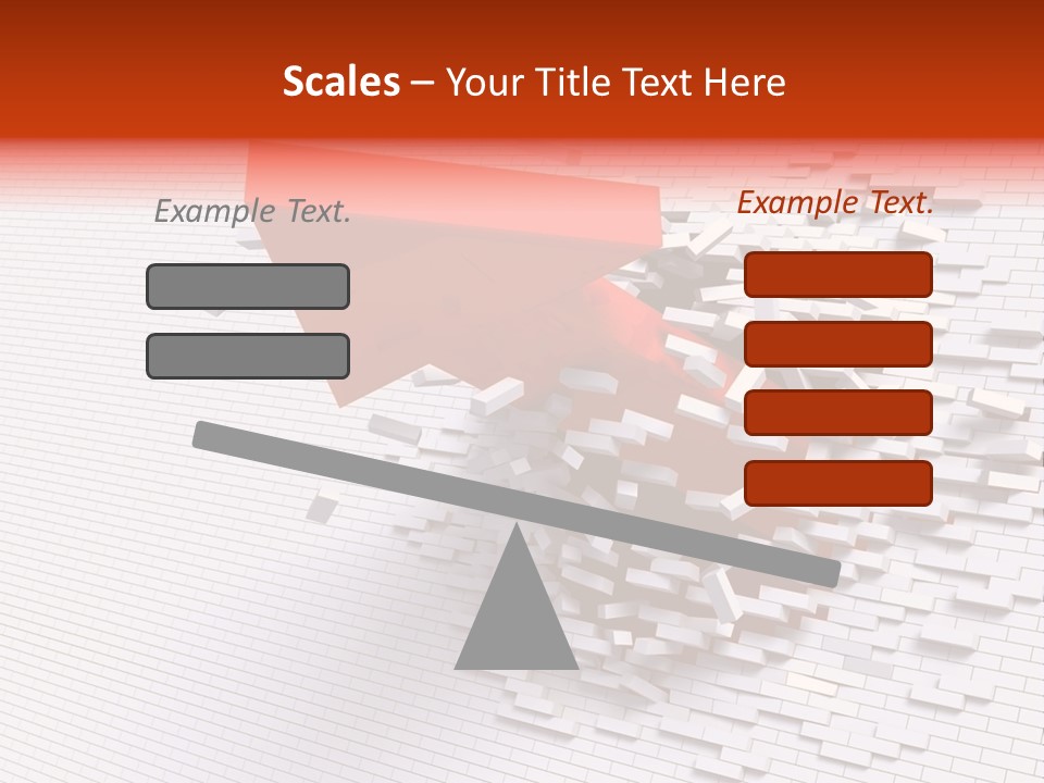 3D Illustration Of Red Arrow Breaking Through A White Brick Wall. PowerPoint Template