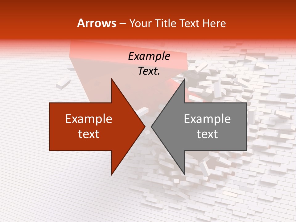 3D Illustration Of Red Arrow Breaking Through A White Brick Wall. PowerPoint Template