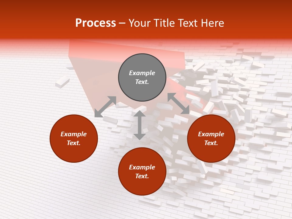 3D Illustration Of Red Arrow Breaking Through A White Brick Wall. PowerPoint Template