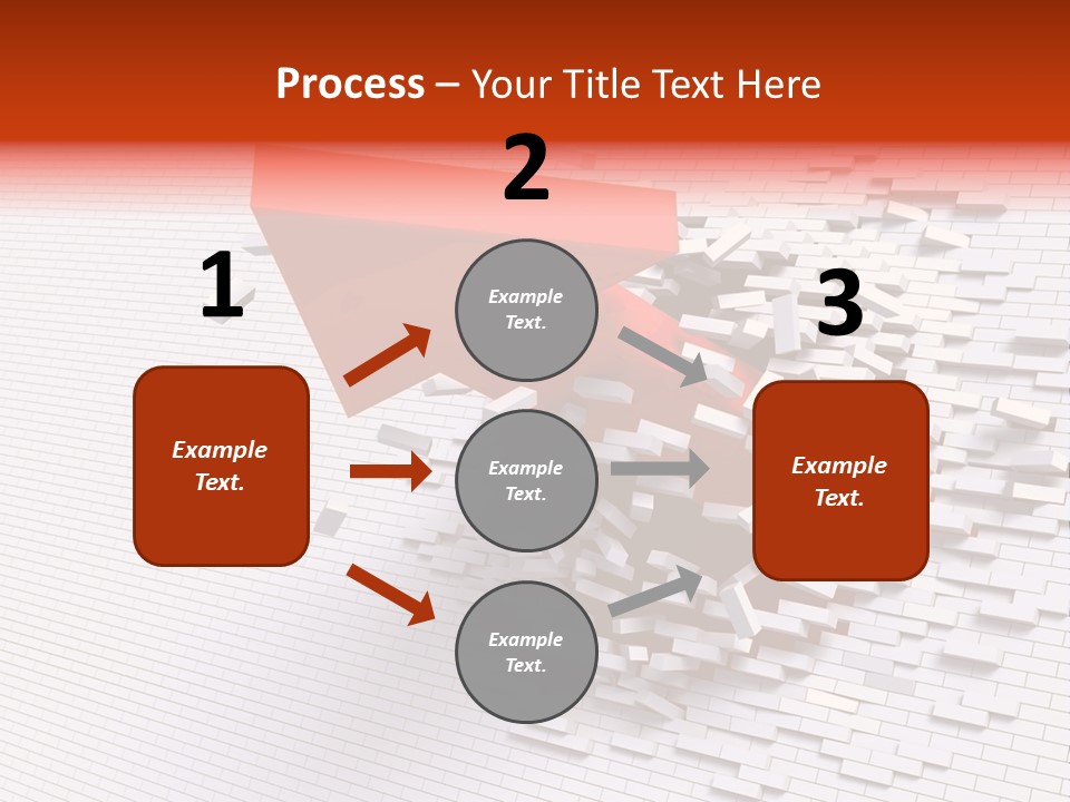 3D Illustration Of Red Arrow Breaking Through A White Brick Wall. PowerPoint Template