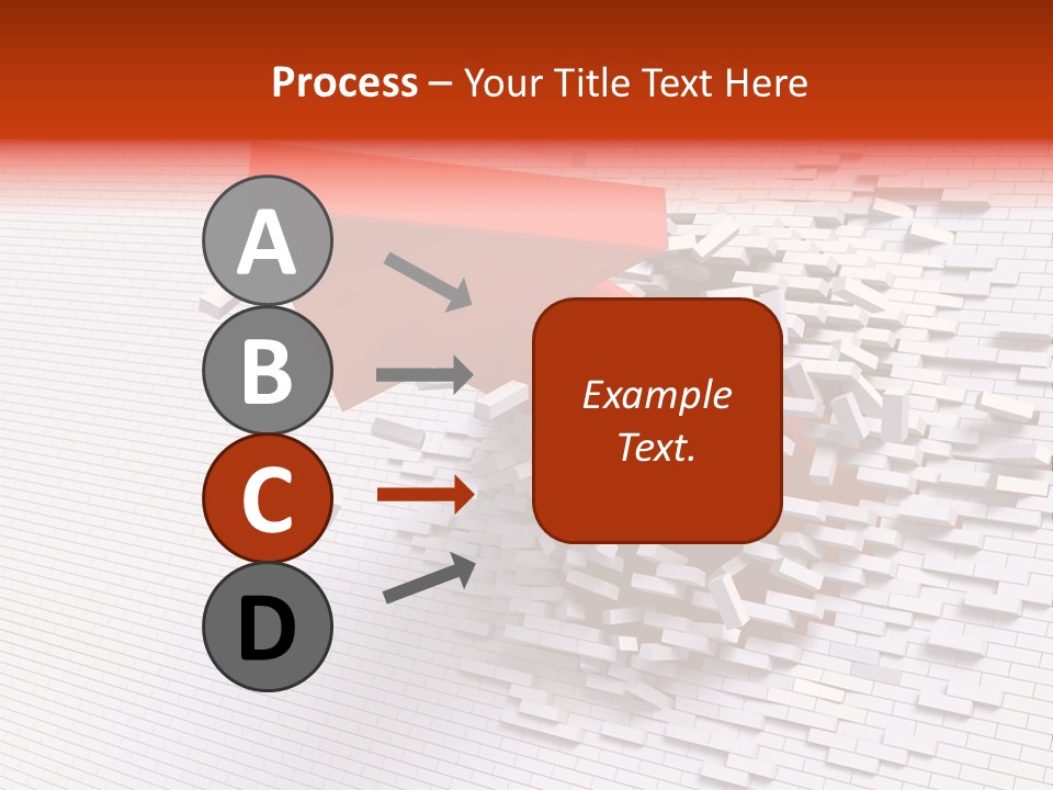 3D Illustration Of Red Arrow Breaking Through A White Brick Wall. PowerPoint Template