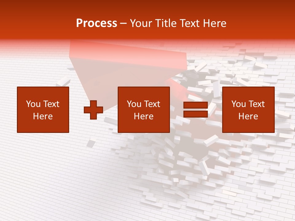 3D Illustration Of Red Arrow Breaking Through A White Brick Wall. PowerPoint Template