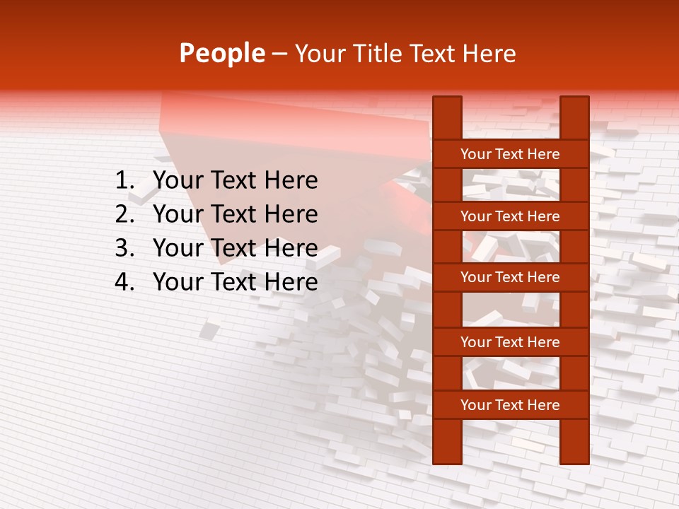 3D Illustration Of Red Arrow Breaking Through A White Brick Wall. PowerPoint Template