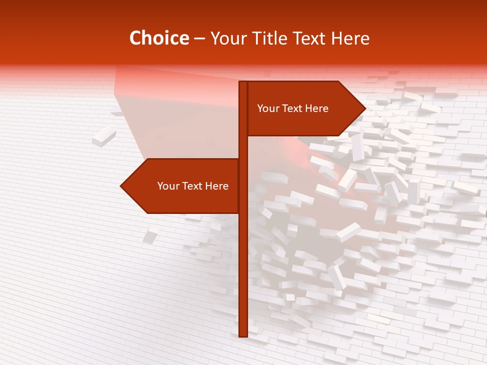 3D Illustration Of Red Arrow Breaking Through A White Brick Wall. PowerPoint Template