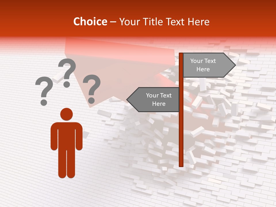 3D Illustration Of Red Arrow Breaking Through A White Brick Wall. PowerPoint Template
