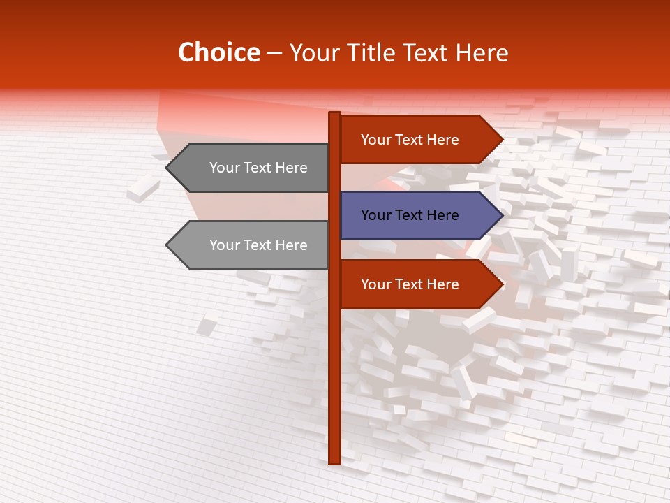 3D Illustration Of Red Arrow Breaking Through A White Brick Wall. PowerPoint Template