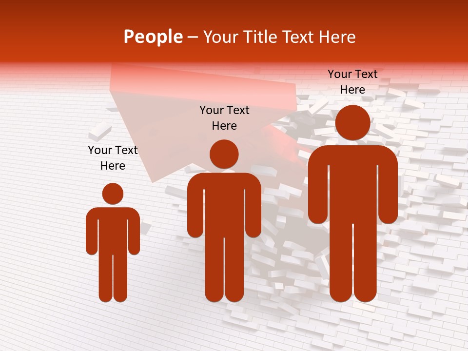 3D Illustration Of Red Arrow Breaking Through A White Brick Wall. PowerPoint Template