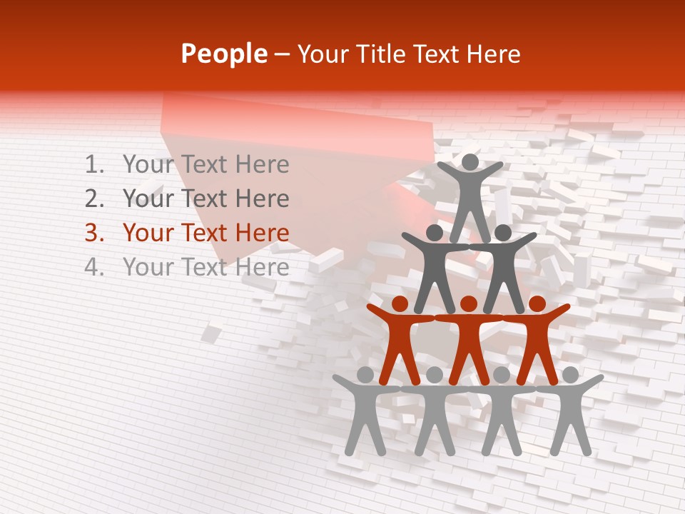 3D Illustration Of Red Arrow Breaking Through A White Brick Wall. PowerPoint Template