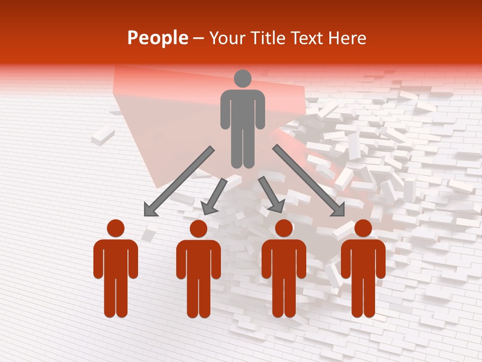 3D Illustration Of Red Arrow Breaking Through A White Brick Wall. PowerPoint Template
