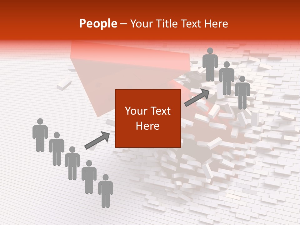 3D Illustration Of Red Arrow Breaking Through A White Brick Wall. PowerPoint Template