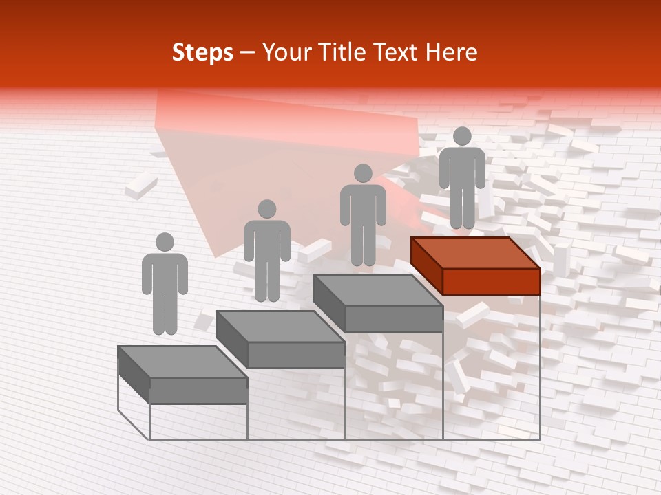 3D Illustration Of Red Arrow Breaking Through A White Brick Wall. PowerPoint Template