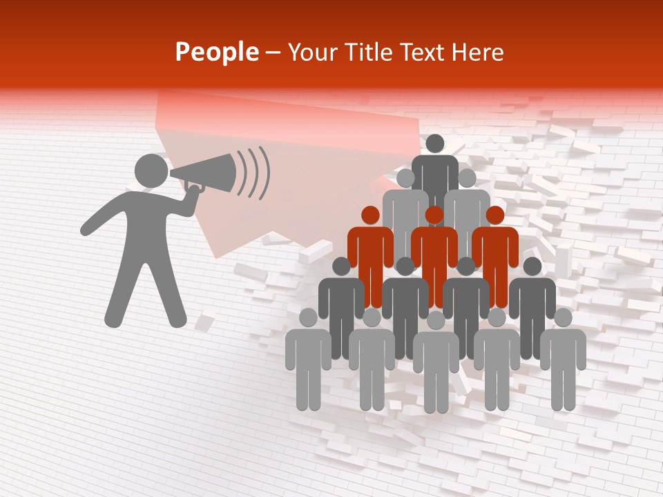 3D Illustration Of Red Arrow Breaking Through A White Brick Wall. PowerPoint Template