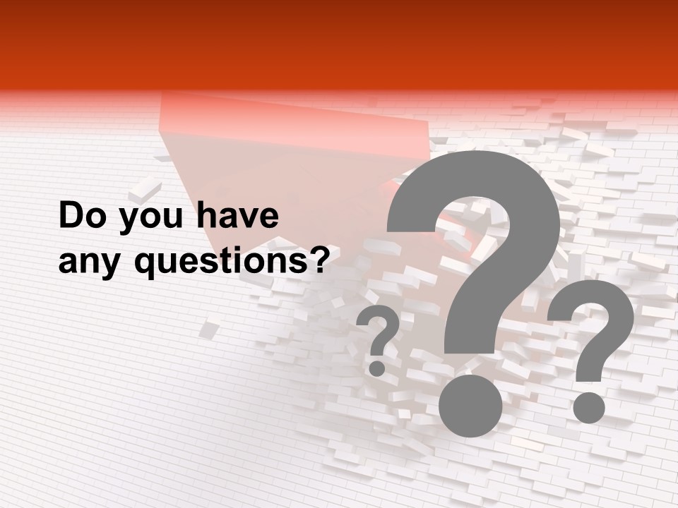 3D Illustration Of Red Arrow Breaking Through A White Brick Wall. PowerPoint Template