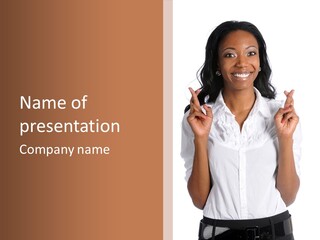 African American Businesswoman Smiling Showing Fingers Crossed PowerPoint Template