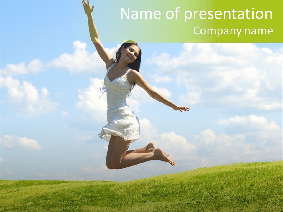 Jumping Happy Woman Against Nature Background PowerPoint Template