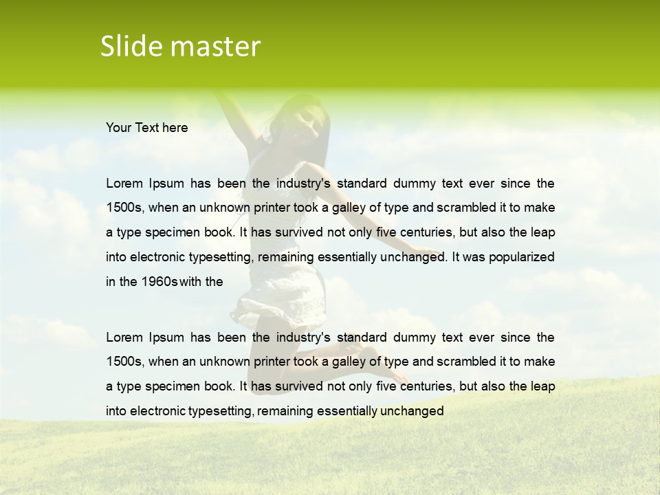 Jumping Happy Woman Against Nature Background PowerPoint Template