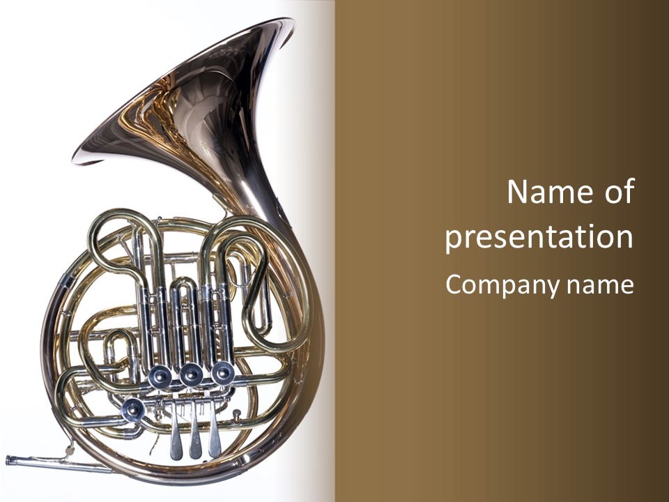 A Gold Brass French Horn Isolated Against A White Background In The Horizontal Format. PowerPoint Template