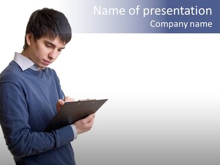 A Man In A Blue Sweater Is Holding A Clipboard PowerPoint Template