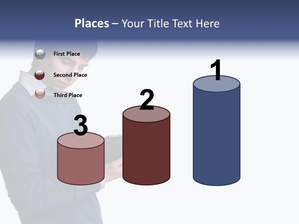 A Man In A Blue Sweater Is Holding A Clipboard PowerPoint Template