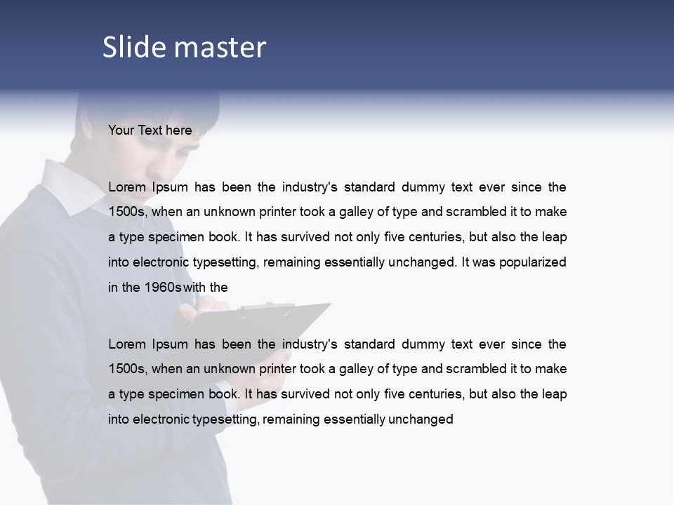 A Man In A Blue Sweater Is Holding A Clipboard PowerPoint Template