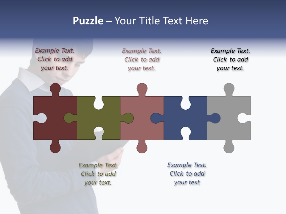 A Man In A Blue Sweater Is Holding A Clipboard PowerPoint Template