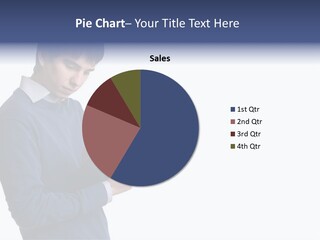 A Man In A Blue Sweater Is Holding A Clipboard PowerPoint Template