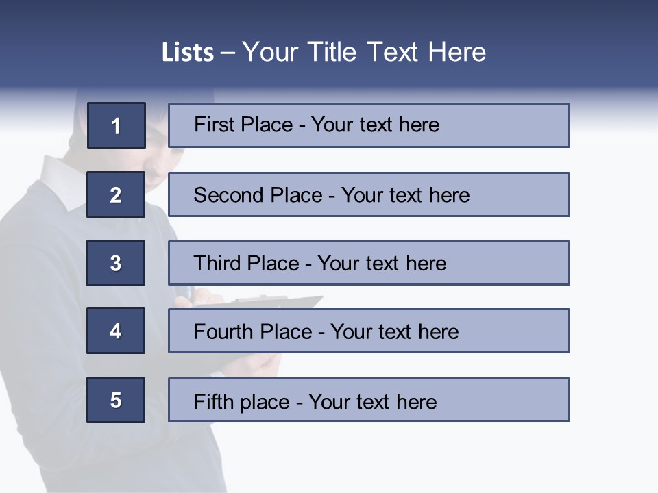 A Man In A Blue Sweater Is Holding A Clipboard PowerPoint Template