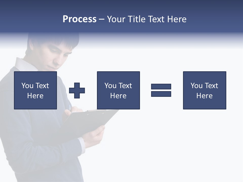A Man In A Blue Sweater Is Holding A Clipboard PowerPoint Template
