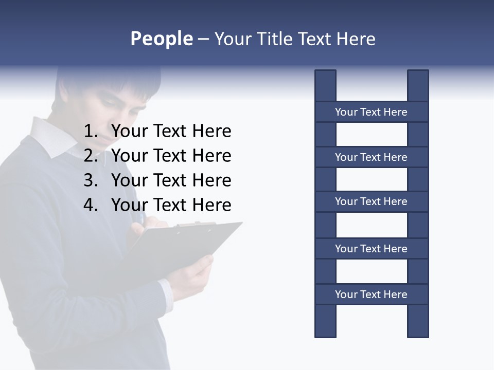 A Man In A Blue Sweater Is Holding A Clipboard PowerPoint Template