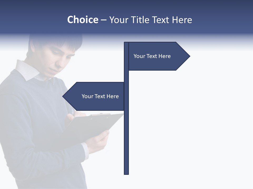 A Man In A Blue Sweater Is Holding A Clipboard PowerPoint Template