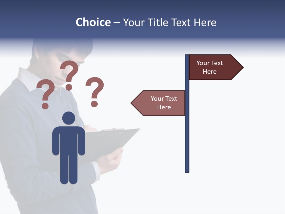 A Man In A Blue Sweater Is Holding A Clipboard PowerPoint Template