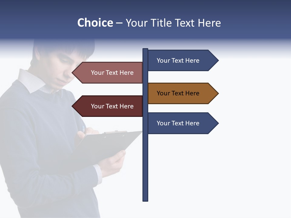 A Man In A Blue Sweater Is Holding A Clipboard PowerPoint Template