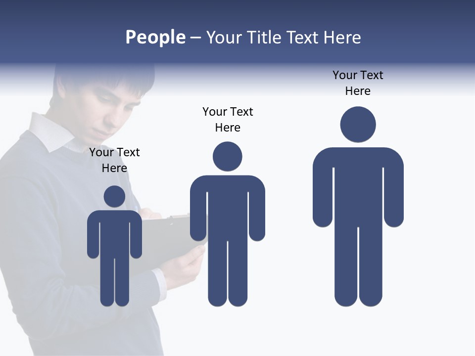 A Man In A Blue Sweater Is Holding A Clipboard PowerPoint Template