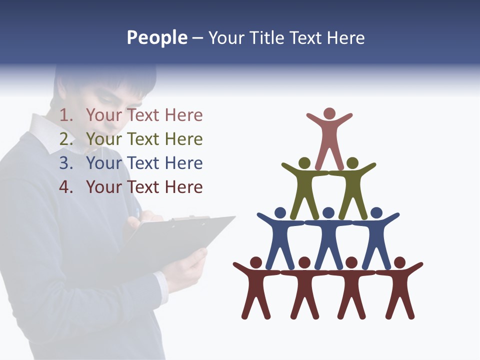 A Man In A Blue Sweater Is Holding A Clipboard PowerPoint Template