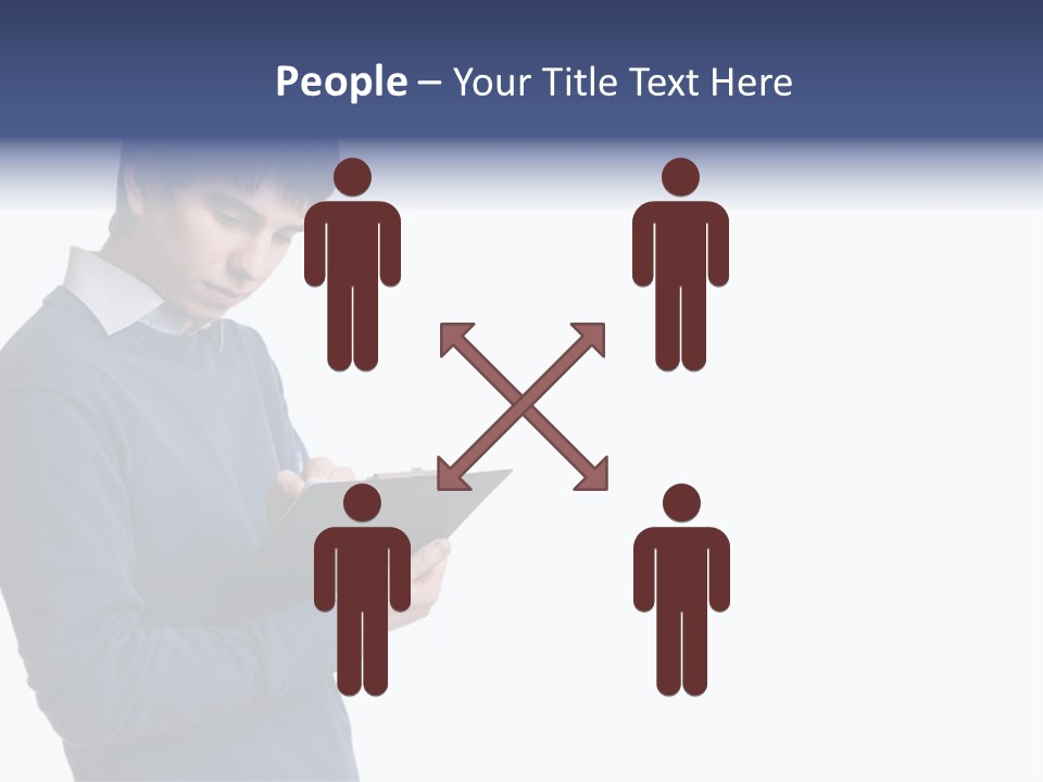 A Man In A Blue Sweater Is Holding A Clipboard PowerPoint Template