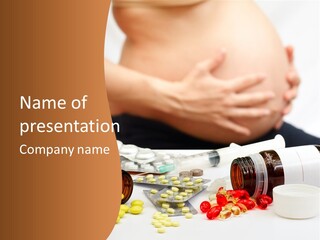 Yellow And Red Pills Spilling From Bottles And Blisters In Front Of Pregnant Woman, Shallow Dof PowerPoint Template