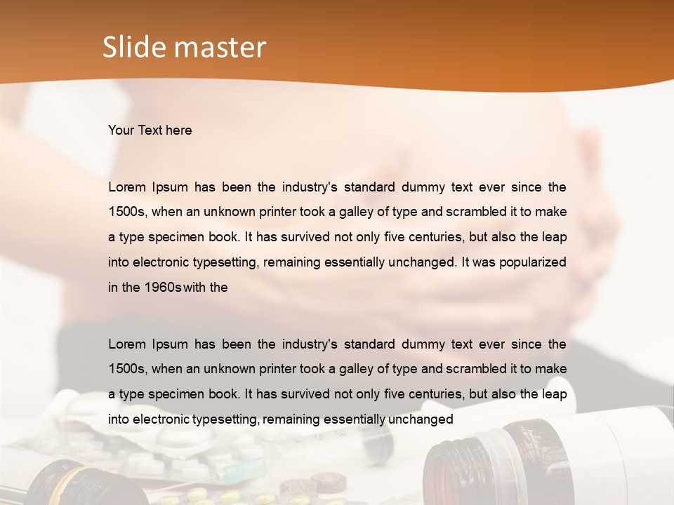 Yellow And Red Pills Spilling From Bottles And Blisters In Front Of Pregnant Woman, Shallow Dof PowerPoint Template