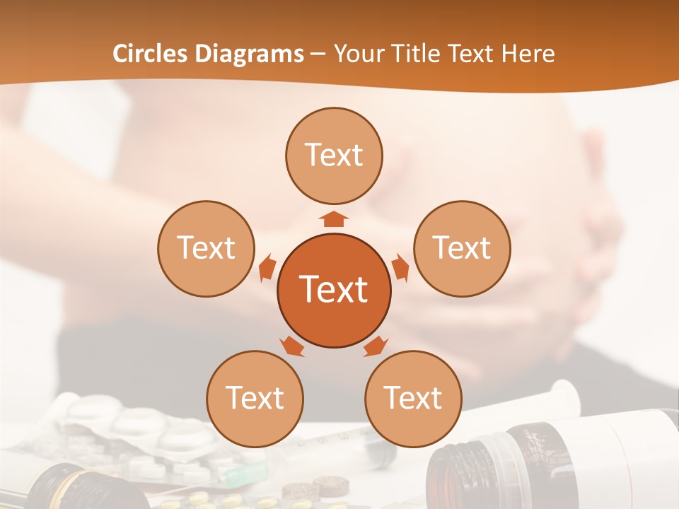 Yellow And Red Pills Spilling From Bottles And Blisters In Front Of Pregnant Woman, Shallow Dof PowerPoint Template