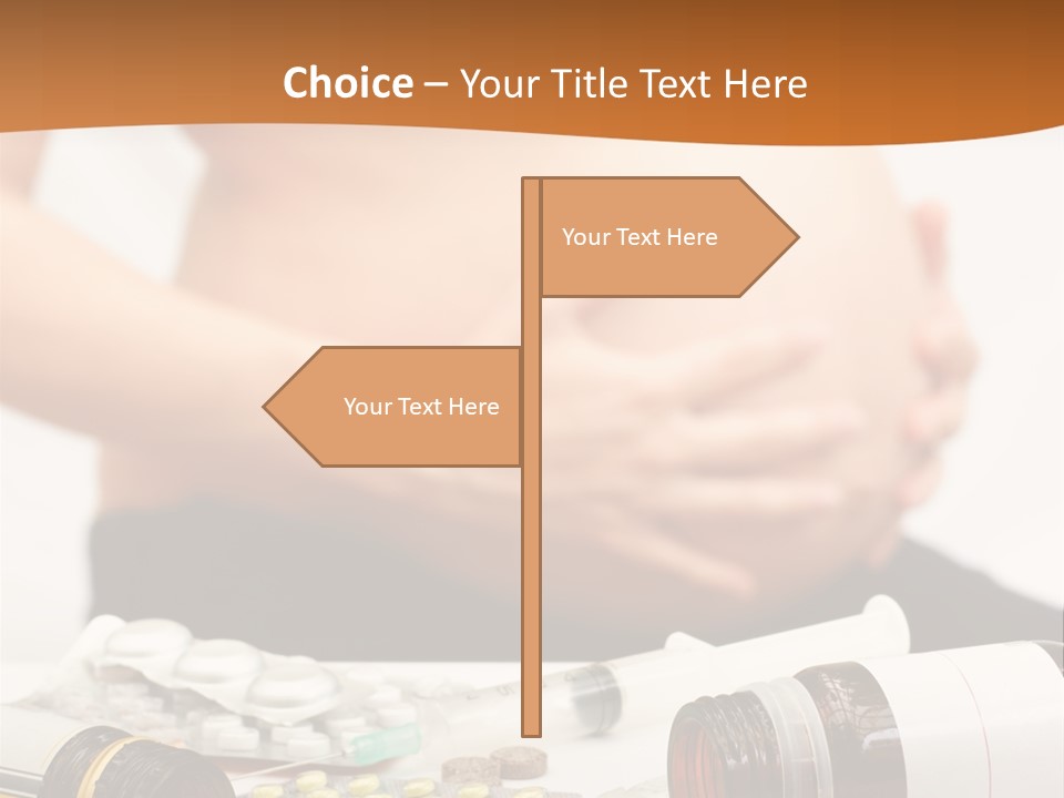 Yellow And Red Pills Spilling From Bottles And Blisters In Front Of Pregnant Woman, Shallow Dof PowerPoint Template