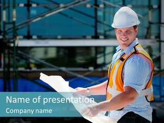 Construction Project Male Architect Checking The Blueprints Of A New Building PowerPoint Template