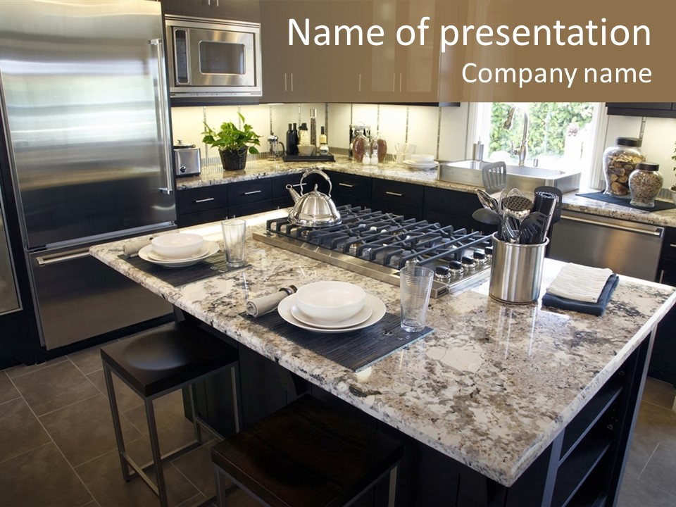 Modern Designer Kitchen With A Granite Island. PowerPoint Template