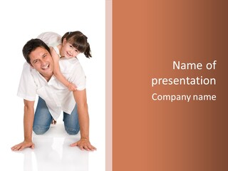 Smiling Father Carrying On His Shoulders His Little Daughter Isolated On White Background PowerPoint Template