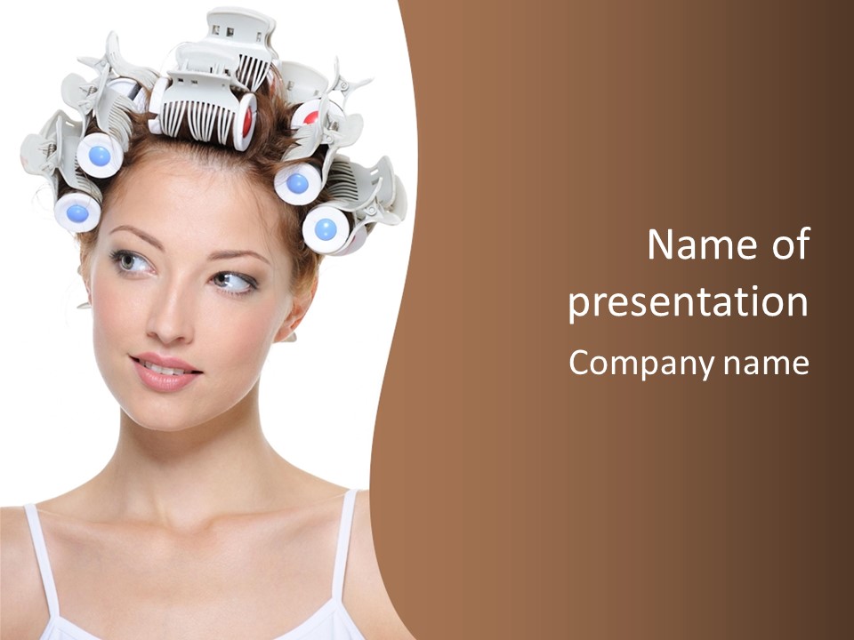 Portrait Of Beautiful Young Smiling Female With Curlers - Close-Up PowerPoint Template